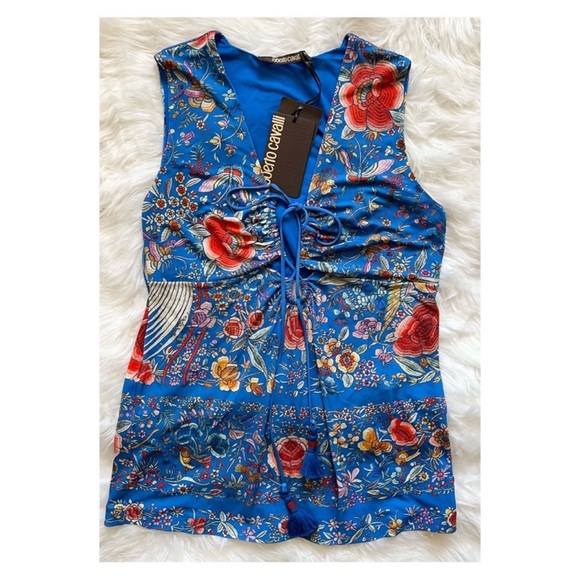 New! Rare ROBERTO CAVALLI Logo Tasseled Ruched Floral Tiger Print Crepe Top - Picture 5 of 16